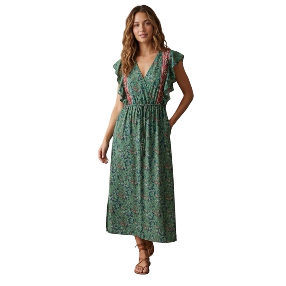 Boemo Ruffle Prairie Floral Green Paisley Maxi Dress V-Neck Ruffle Size Medium